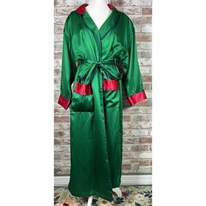 Vintage Victorias Secret Gold Label Emerald Green & Pink Satin Robe Kimono Sz PS